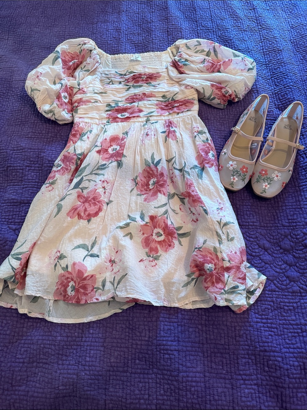abercrombie kids Pink Floral Puff-Sleeve Dress on Cream with matching shoes